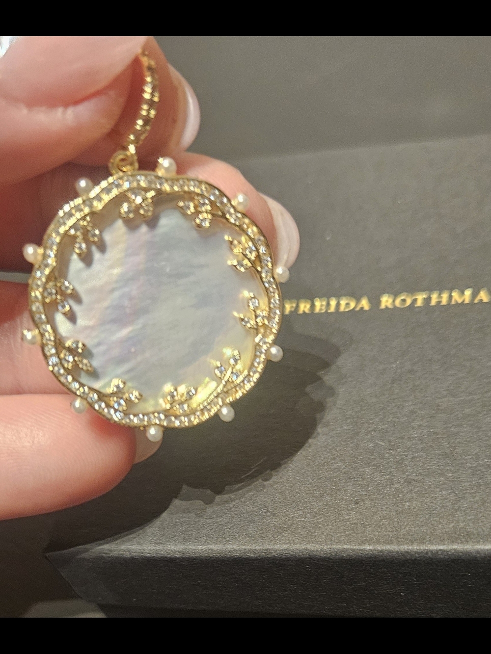 Gold Mother-of-Pearl Filigree Pendant Necklace by Freida  ROTHMAN